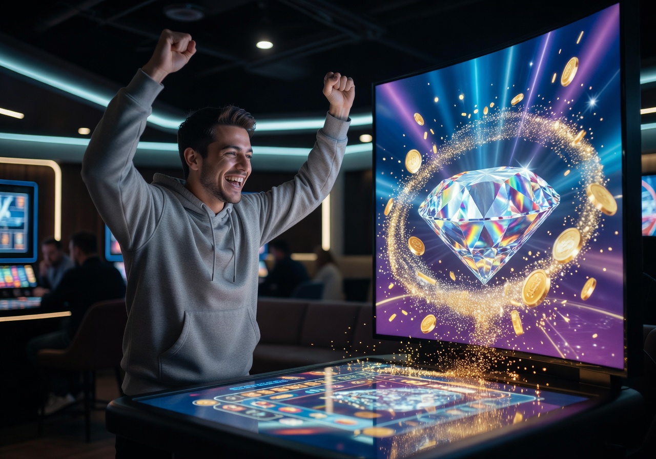 Happy player celebrating a big virtual diamond win on Hushplavon social casino