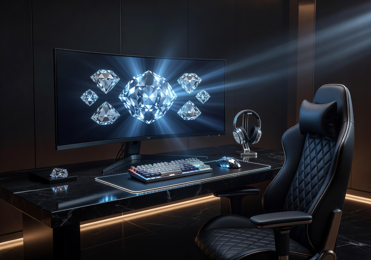 Luxurious gaming setup with glowing diamond-themed interface on screen